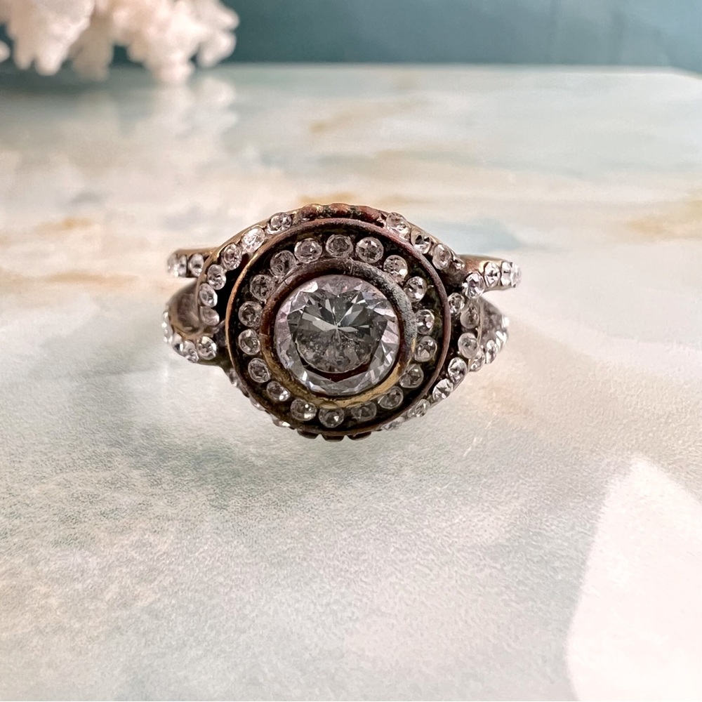 Rhinestone and Brass Look Halo Ring